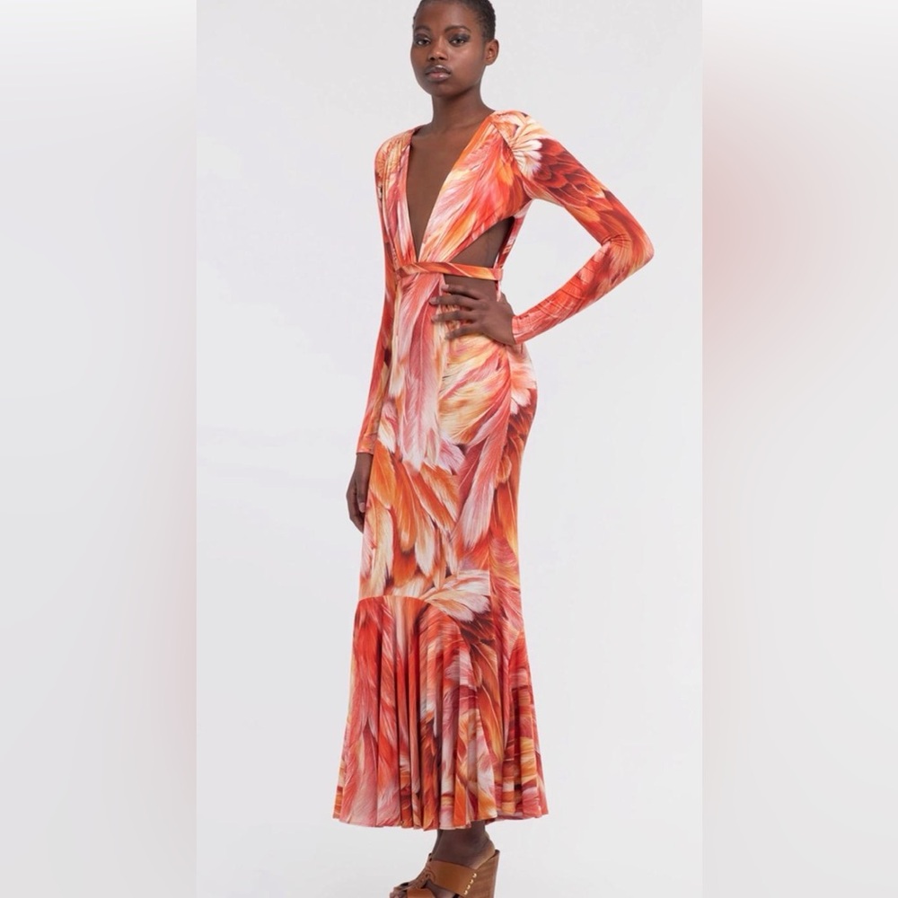 Roberto Cavalli Vibrant Orange Feather Long Sleeve Dress